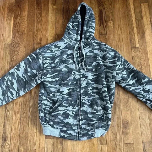 BIG BALL SPORTS Men's Green Sherpa Lined Camo Full Zipper Hooded Jacket Size L - Picture 2 of 7